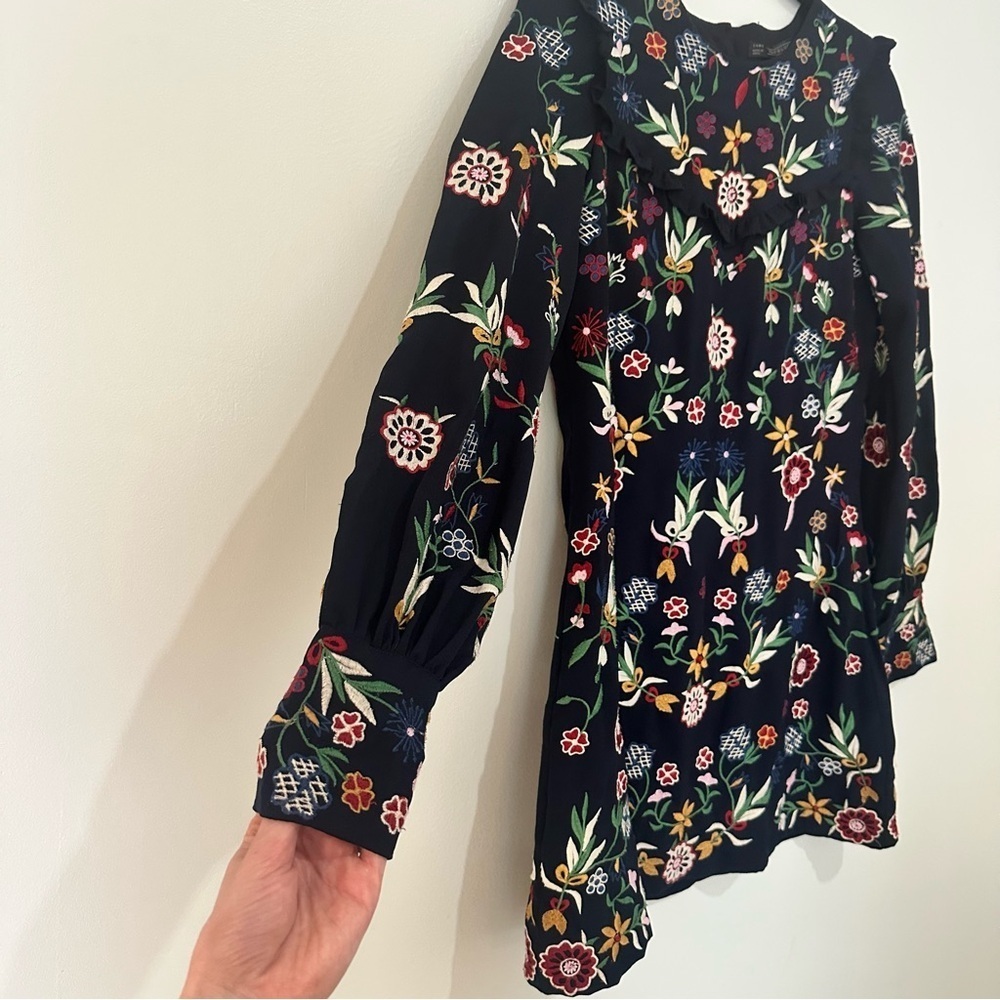 Zara Blue Full Embroidered Mini Shift Dress Size Women’s Medium Long Sleeve - Picture 5 of 15